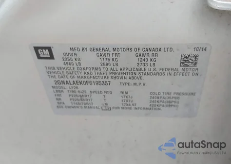 2015 Chevrolet Equinox Ls z USA, uszkodzony, nr VIN 2GNALAEK0F6195357